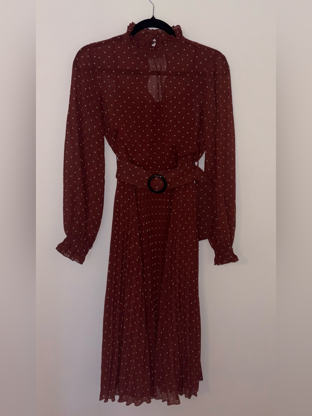 Sezane Muse Dress in Moka Polka Dot, High-Neck Rust Pleated Midi Dress FR36/US4 - Picture 2 of 5